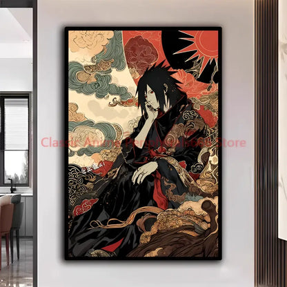 Black and red framed naruto kakashi ukiyo-e poster with traditional robes and ornate cloud background for modern home decor