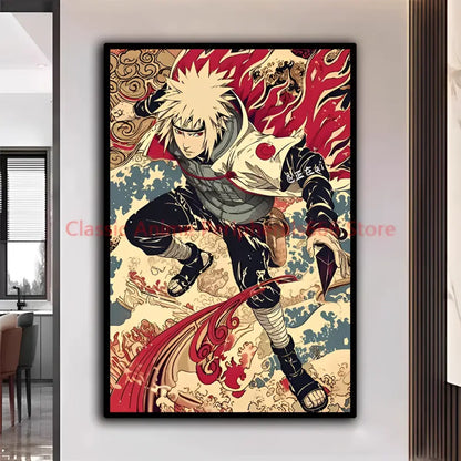 Vibrant red and cream framed naruto kakashi ukiyo-e anime poster showcasing dynamic ninja art for modern home decor