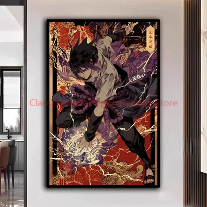 Vibrant naruto kakashi ukiyo-e poster with black and white attire and purple sash on red gold background for modern home decor