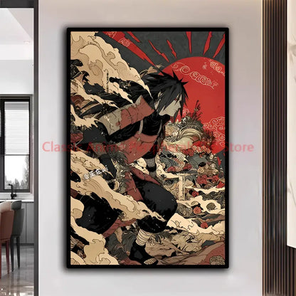 A framed naruto kakashi ukiyo-e poster with black and red attire and traditional japanese motifs for modern home decor