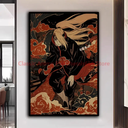 Black and orange naruto kakashi ukiyo-e poster with red cloud robes perfect for modern home decor