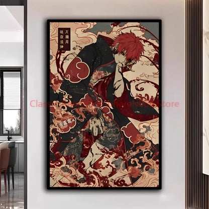 A framed naruto kakashi ukiyo-e anime poster featuring a red-haired character in a black and red cloak for modern home decor