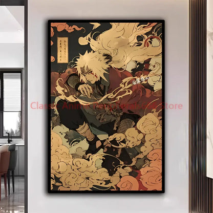 Vintage-style framed canvas print of naruto kakashi anime character in warm gold and orange tones for modern home decor