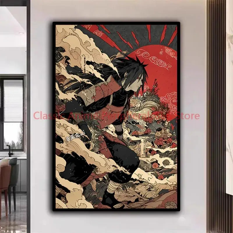 Stylized anime wall art of kakashi as a dynamic warrior in black and red armor with red sun for modern home decor