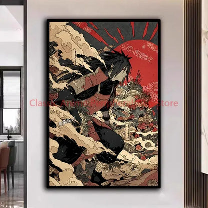 Stylized anime wall art of kakashi as a dynamic warrior in black and red armor with red sun for modern home decor
