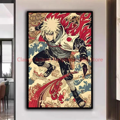 Vibrant red and cream naruto kakashi ukiyo-e poster with spiky-haired character in dynamic pose for modern home decor