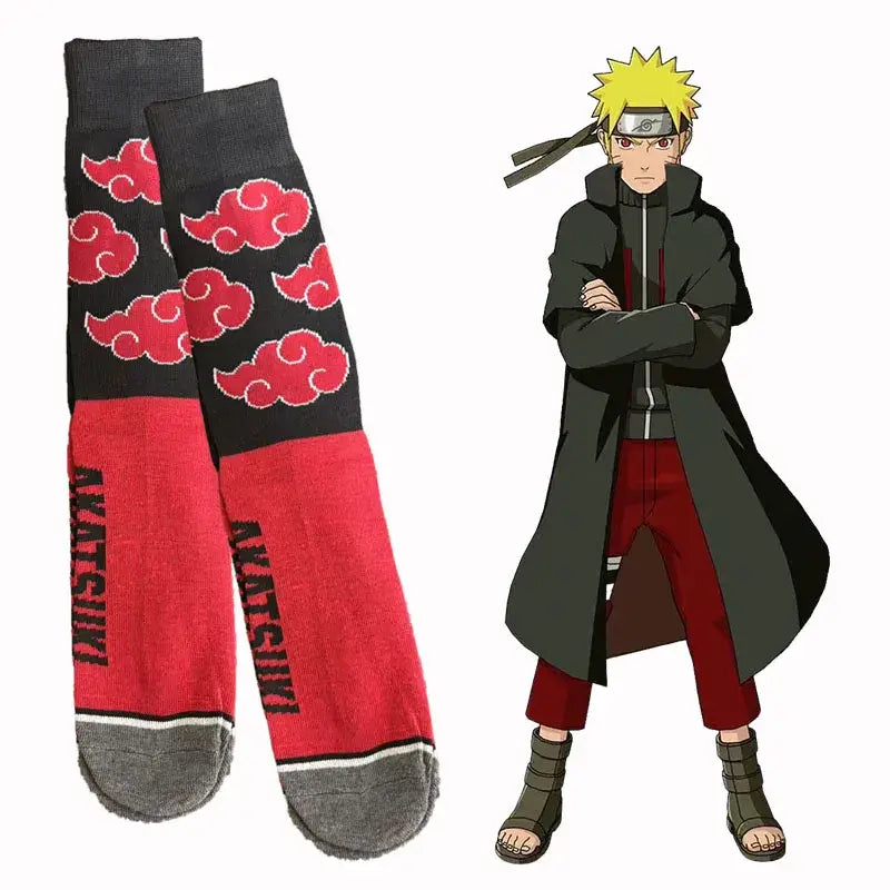 Black and red cloud patterned Naruto knitted crew socks with matshiro text on the side unisex cartoon gift