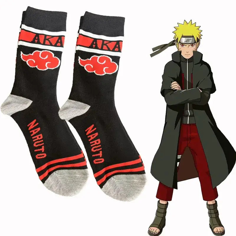 Black and red naruto akatsuki-themed knitted crew socks with gray toe caps and iconic cloud emblem unisex gift