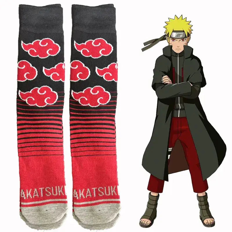 Black and red akatsuki-themed naruto knitted crew socks with embroidered cloud patterns and striped design unisex gift
