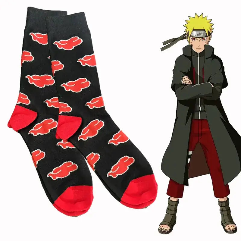 Black Naruto knitted crew socks with red cloud patterns and matching red toe caps for unisex cartoon fans