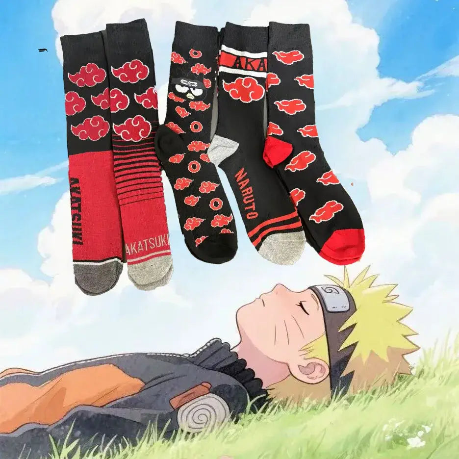 Naruto knitted crew socks in black and red with akatsuki cloud and skull patterns featuring naruto text for unisex gift