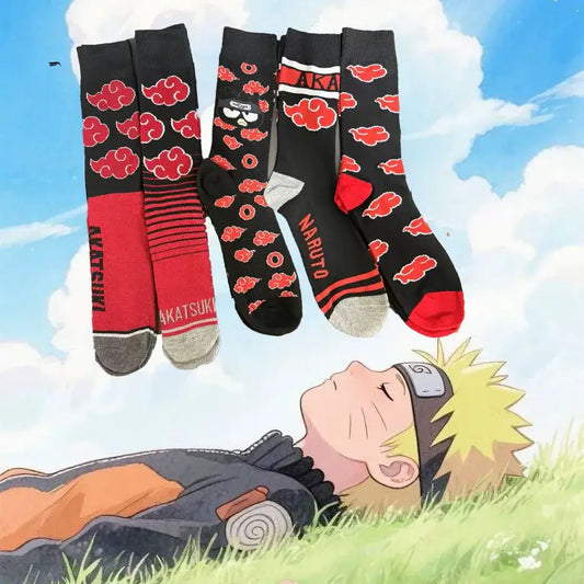 Naruto knitted crew socks in black and red with akatsuki cloud and skull patterns featuring naruto text for unisex gift