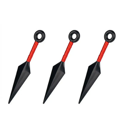 Three black and red plastic naruto kunai cosplay set with circular rings for ninja costume accessory