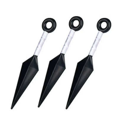 Three black plastic naruto kunai with transparent handles and circular rings in a naruto kunai cosplay set