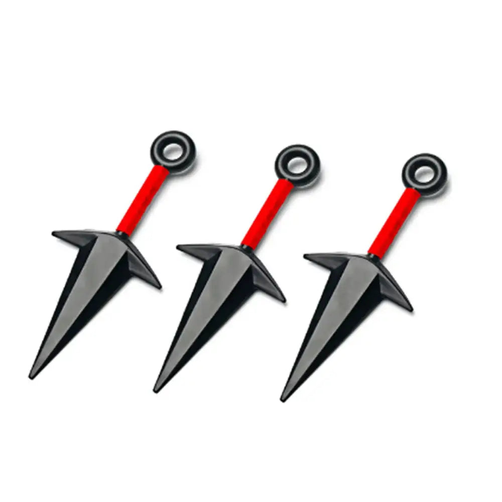 Three black and red glossy naruto kunai with sharp triangular blades and circular handles in a 3-piece kunai cosplay set