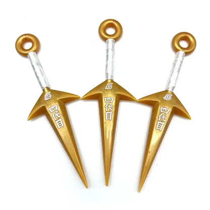 Three golden pvc kunai model with silver engraved handles and hanging loops from naruto shuriken kunai model set
