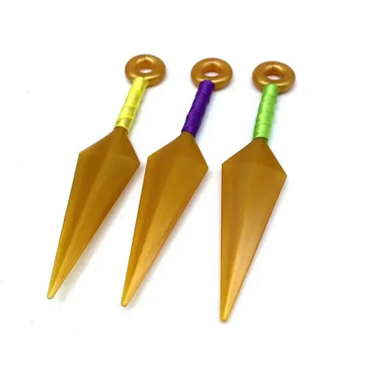 Three golden pvc kunai model knives with yellow purple and green handles for naruto shuriken kunai collection