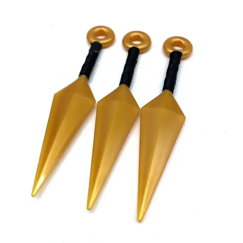 Three golden pvc kunai model knives with black handles and gold rings perfect for shuriken kunai collection