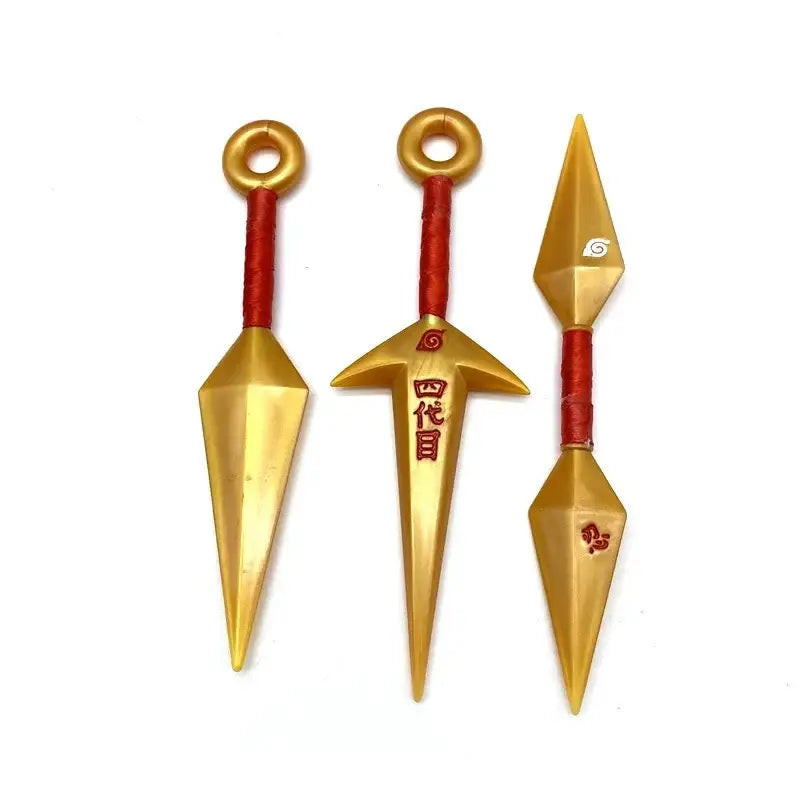 Three golden kunai model with red handles and engraved markings made of durable pvc for ninja cosplay use