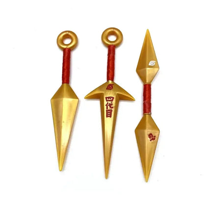 Three golden kunai model with red handles and engraved markings made of durable pvc for ninja cosplay use