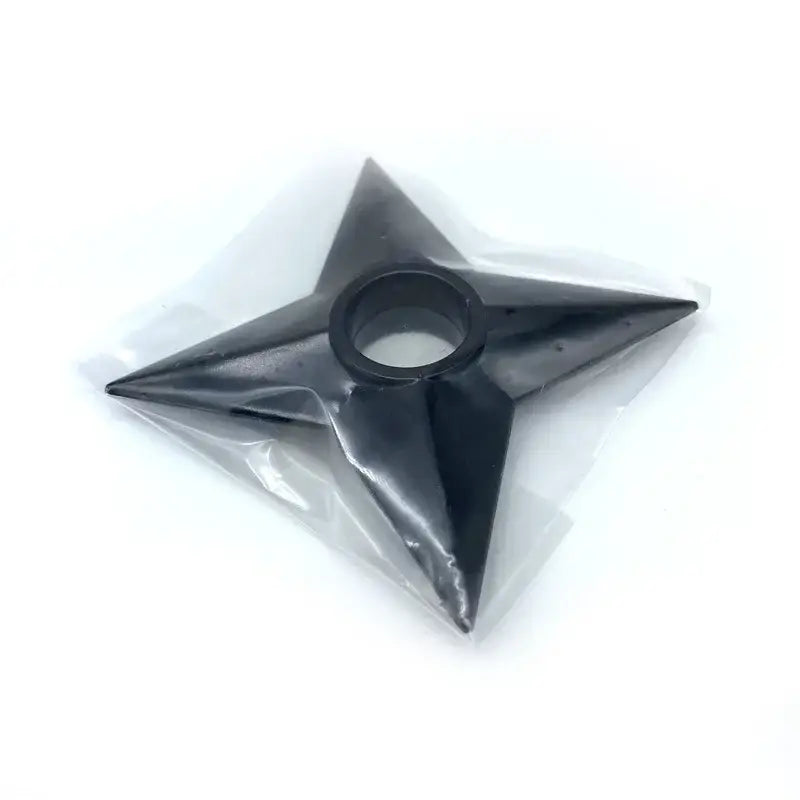 Black plastic shuriken kunai model with central hole packaged in clear plastic from naruto kunai model golden pvc weapon