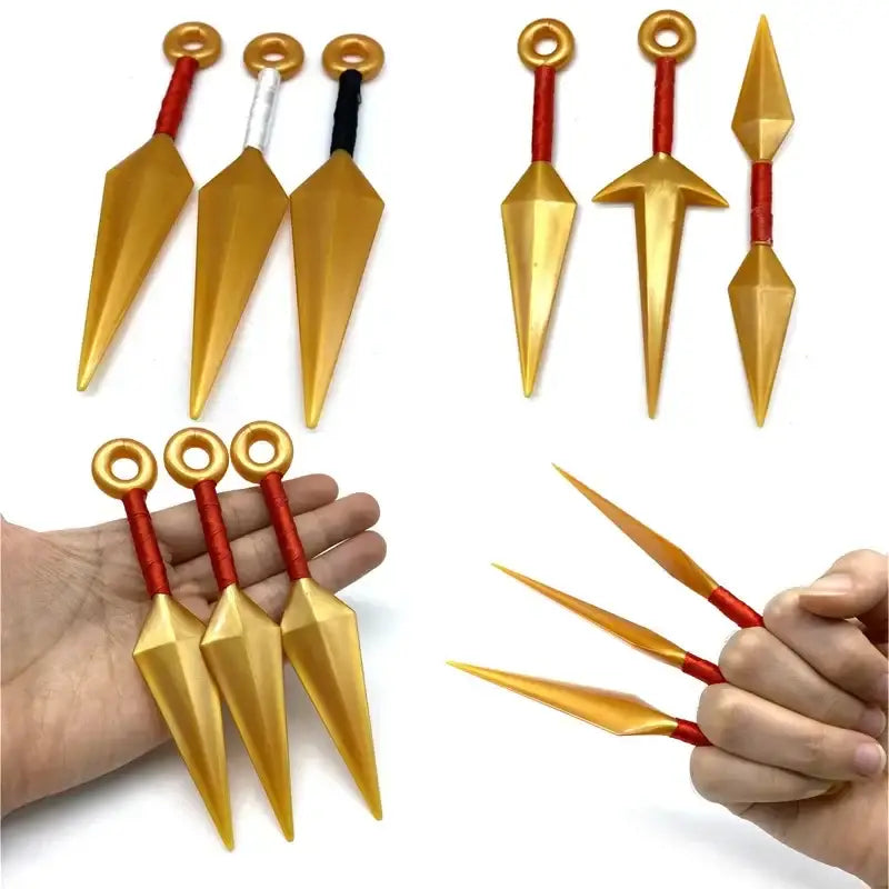 Naruto kunai model made of durable pvc with golden plastic blades and red handles for cosplay and play
