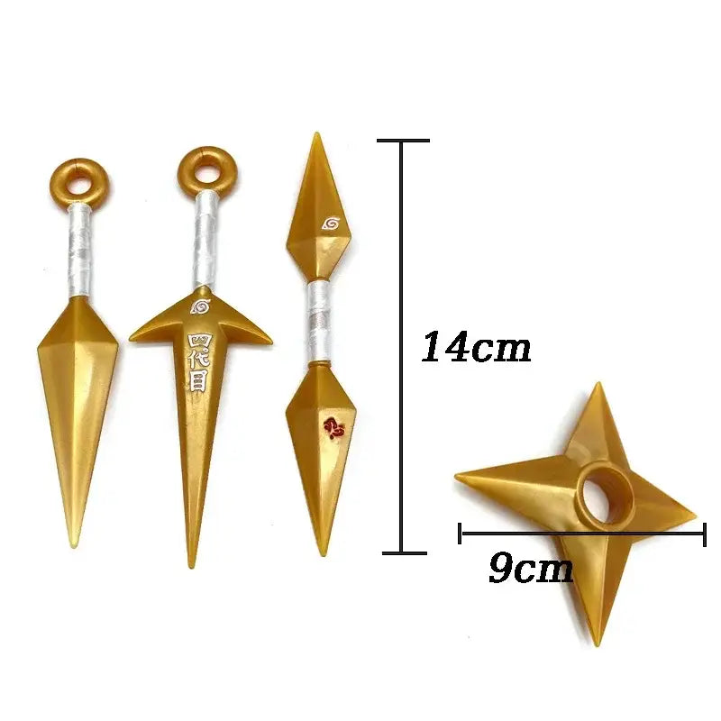 Naruto kunai model features a golden durable pvc shuriken kunai model with silver handles and engraved symbols including a red flower design