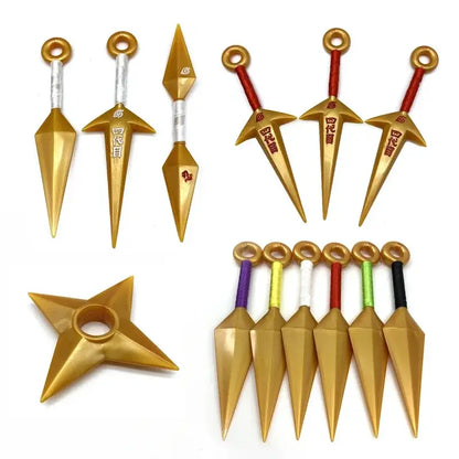 Golden pvc kunai model and shuriken kunai model with colorful handles for durable ninja weapon replicas