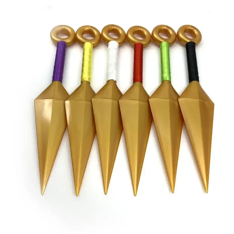 Six golden pvc kunai model knives with colorful handles in purple yellow white red green and black for durable use