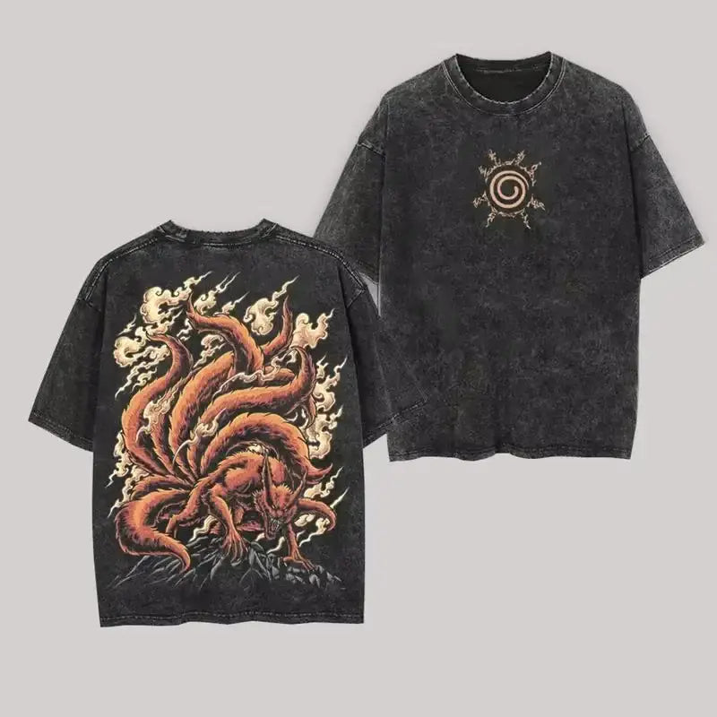 Black distressed cotton t-shirt featuring a vibrant orange nine-tailed fox graphic on the back and a subtle embroidered spiral emblem on the chest