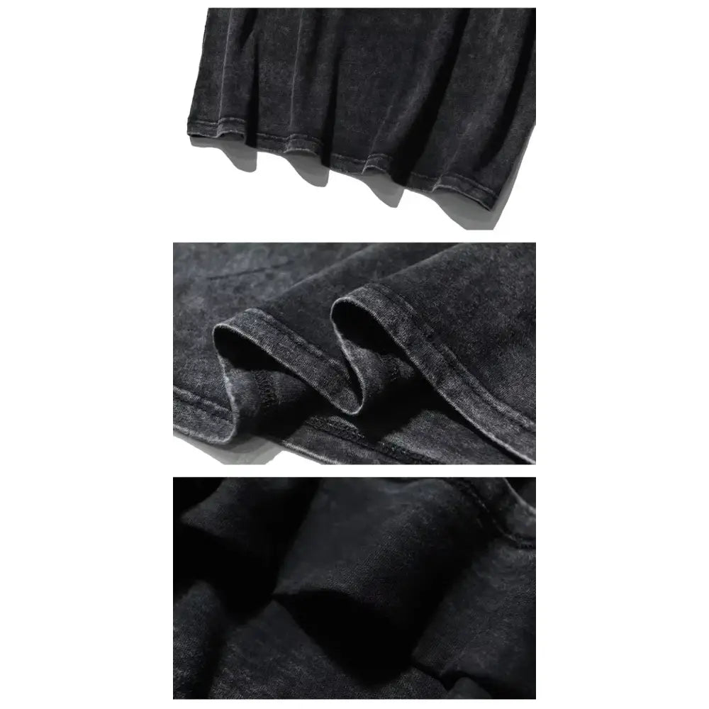 Black denim fabric with faded worn texture and visible stitching details on naruto kurama retro washed t-shirt vintage cotton tee