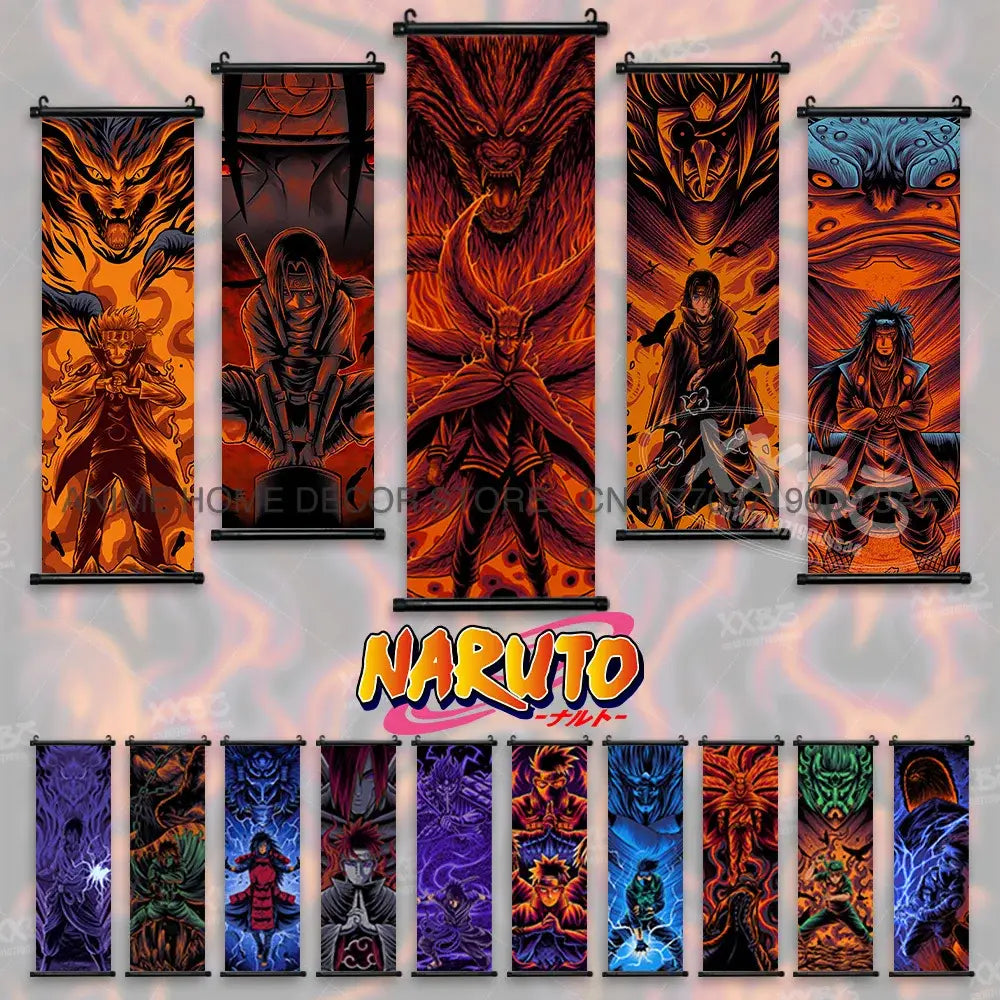 Naruto madara wall scroll poster featuring vibrant orange red and blue fabric artwork with black metal hanging hardware