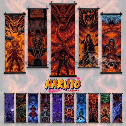 Naruto madara wall scroll poster featuring vibrant orange red and blue fabric artwork with black metal hanging hardware