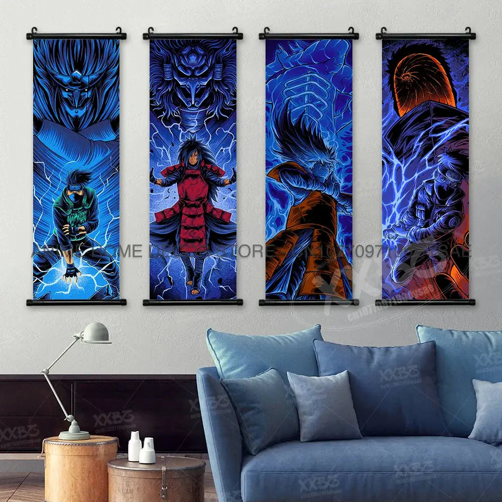 Naruto madara wall scroll poster featuring four vertical anime characters in vibrant blue and orange hues on a light wall