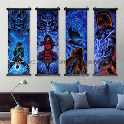 Naruto madara wall scroll poster featuring four vertical anime characters in vibrant blue and orange hues on a light wall