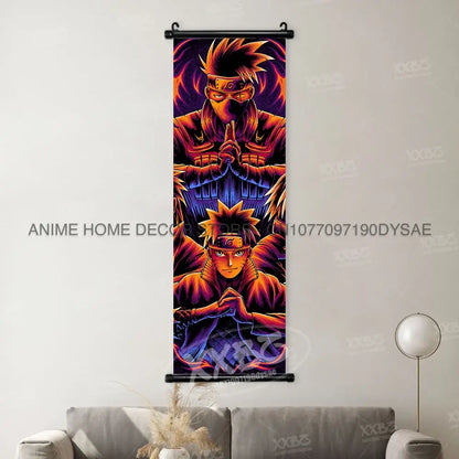 Naruto Madara wall scroll poster with fiery orange and deep purple anime characters in dynamic poses mounted on a wall