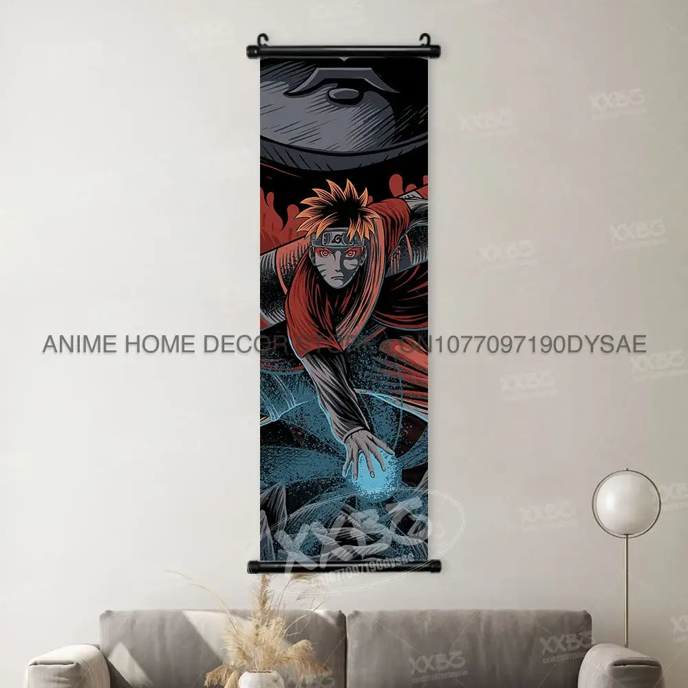 Naruto Madara wall scroll poster featuring black and red design with dynamic pose and glowing blue chakra anime decor