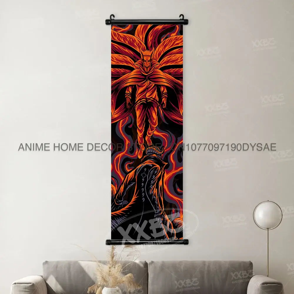 Vibrant orange and black Naruto Madara anime-themed wall scroll poster hanging on wall for anime decor
