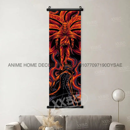 Vibrant orange and black Naruto Madara anime-themed wall scroll poster hanging on wall for anime decor