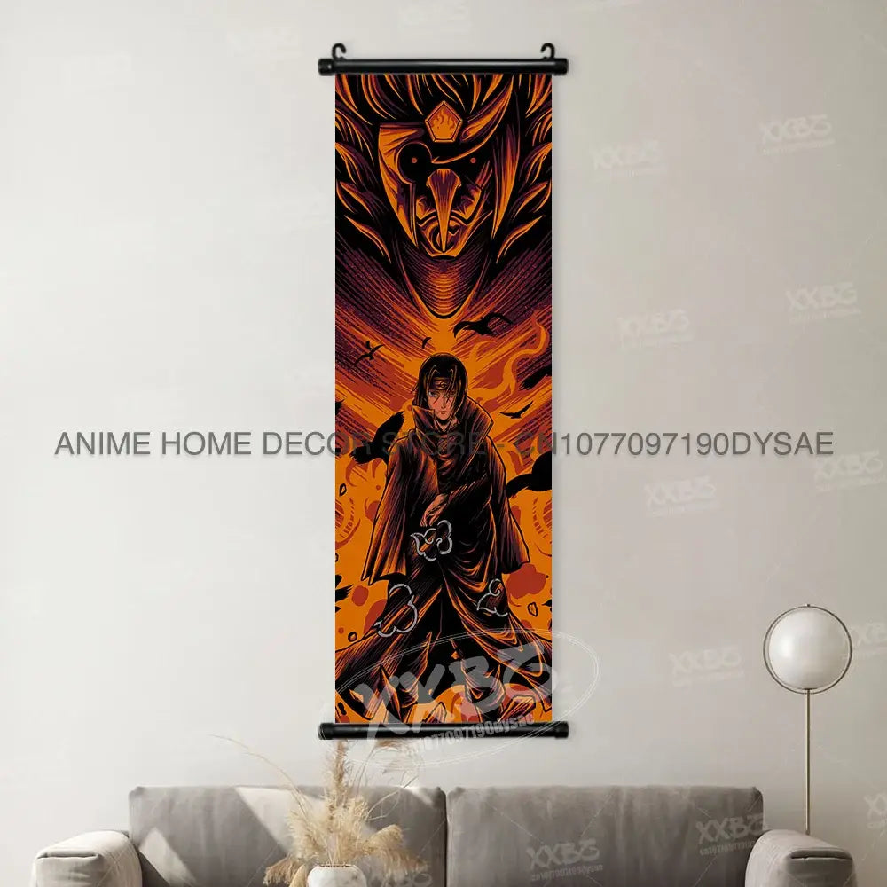 Naruto Madara wall scroll poster featuring a vibrant orange and black anime-themed masked figure with fiery background