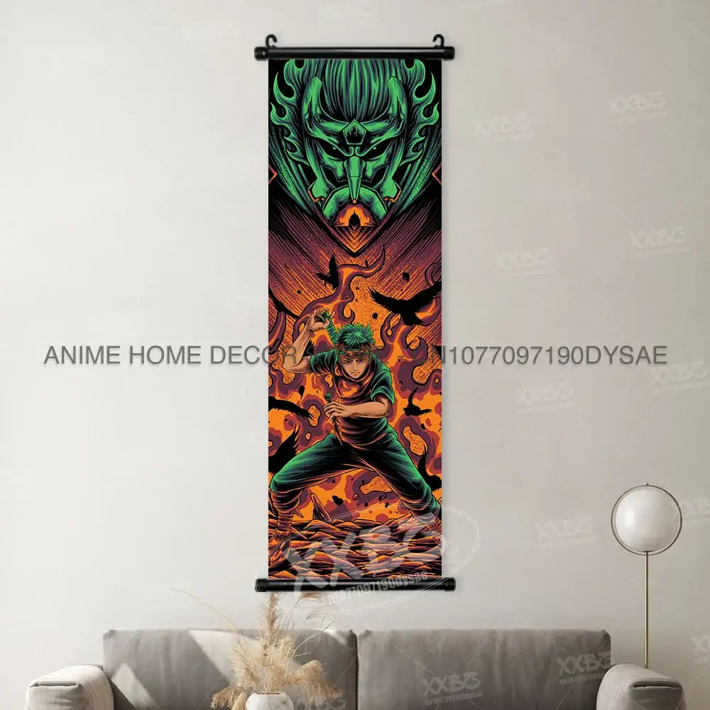 Naruto madara wall scroll poster featuring vibrant green and orange anime decor with stylized demonic face and dynamic character