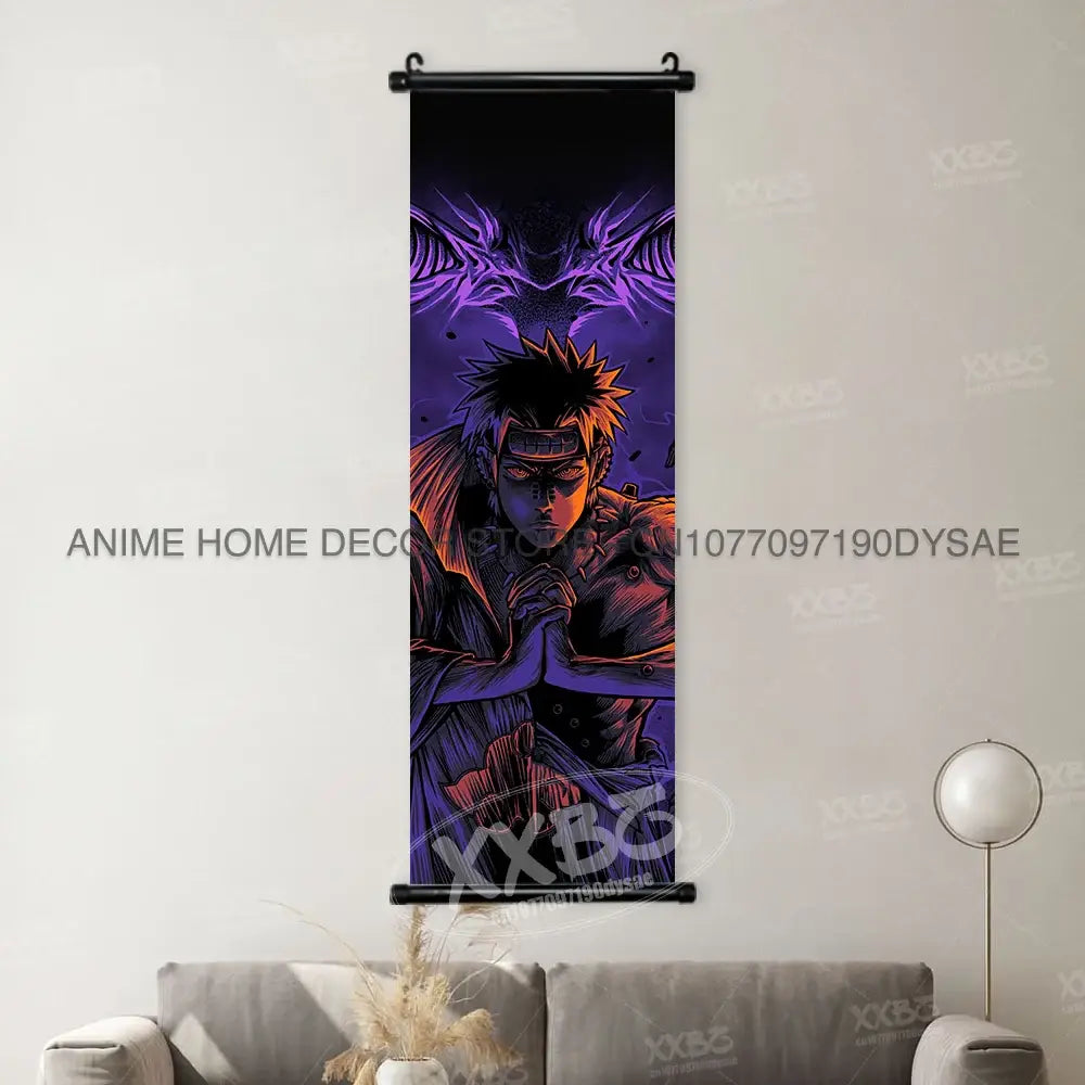 Vibrant purple and orange naruto madara anime wall scroll poster hanging on a wall for anime decor
