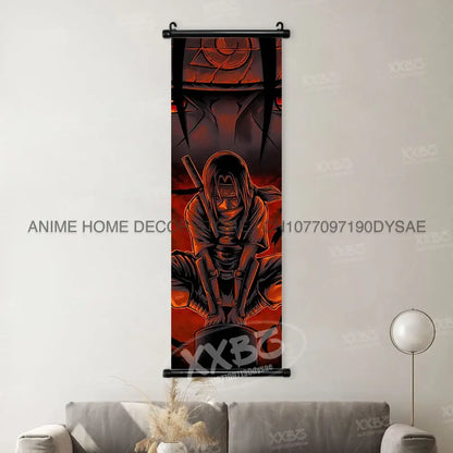 Naruto Madara wall scroll poster featuring a vertical anime decor with dark hooded character on red orange background