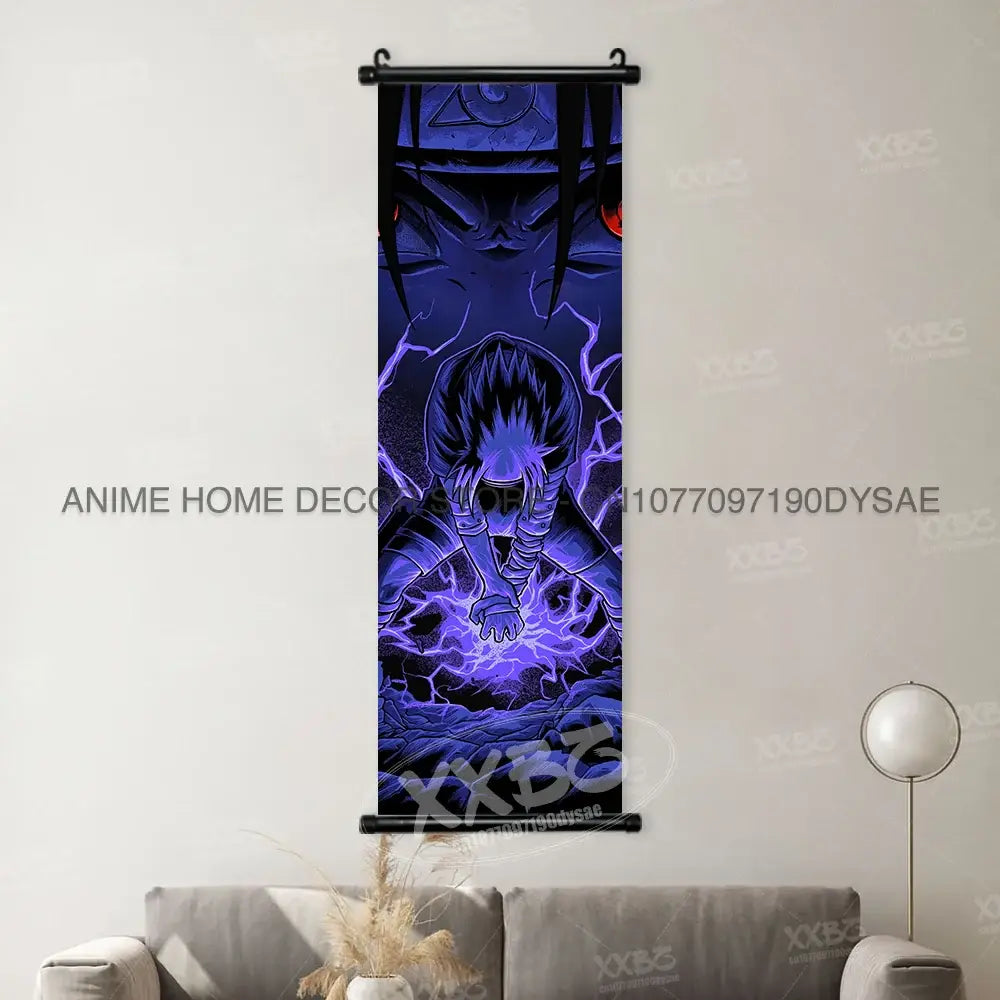 Dark blue and purple naruto madara wall scroll poster with glowing lightning effects anime decor for room display