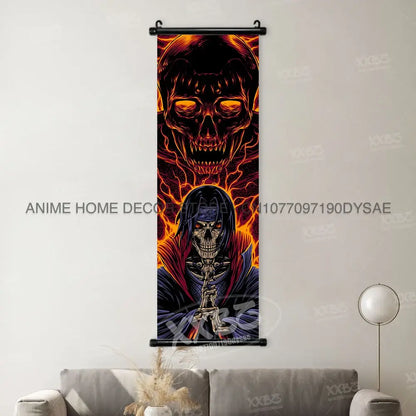 Naruto madara wall scroll poster anime decor featuring a fiery orange and black skull-themed skeletal figure in dark robes