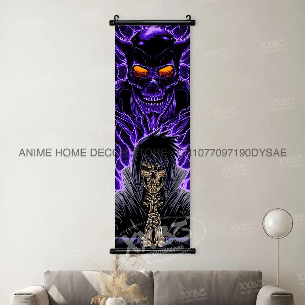 Naruto madara wall scroll poster featuring a purple and black anime design with a demonic skull and glowing orange eyes