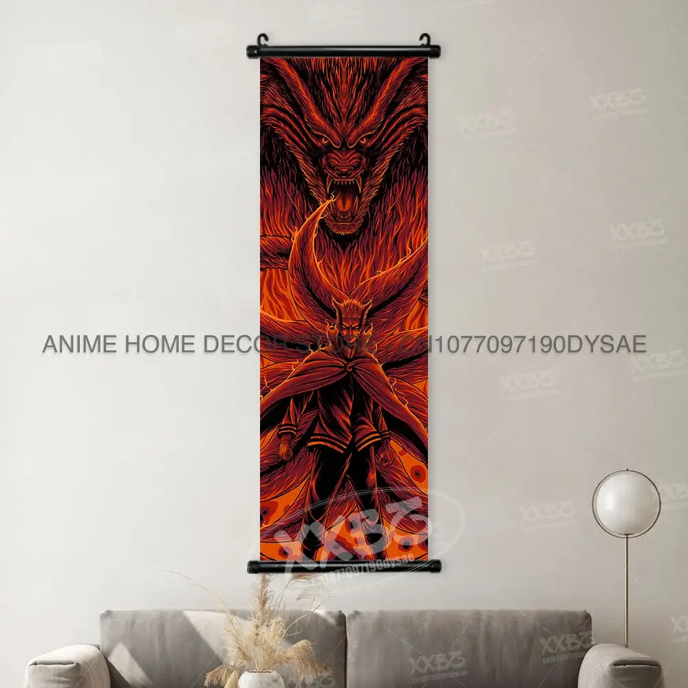 Vibrant red and orange naruto madara anime wall scroll poster featuring fierce dragon and central figure artwork