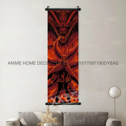Vibrant red and orange naruto madara anime wall scroll poster featuring fierce dragon and central figure artwork