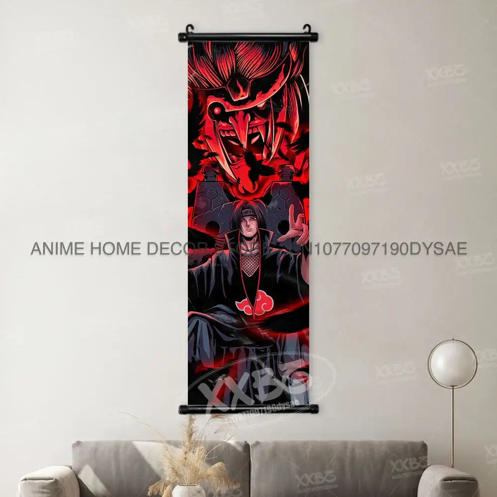 Red and black naruto madara wall scroll poster featuring a menacing masked figure above an akatsuki cloak character