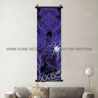 Purple naruto madara wall scroll poster featuring lightning effects and an ominous face for anime decor